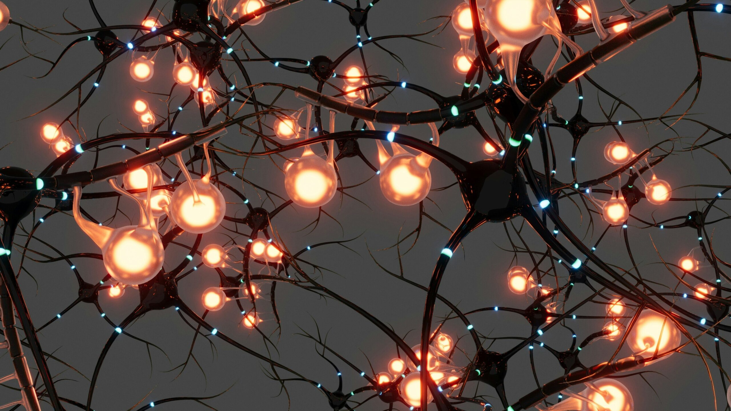 Illuminated neural network with glowing synapses on dark background representing cellular communication and mTOR pathways